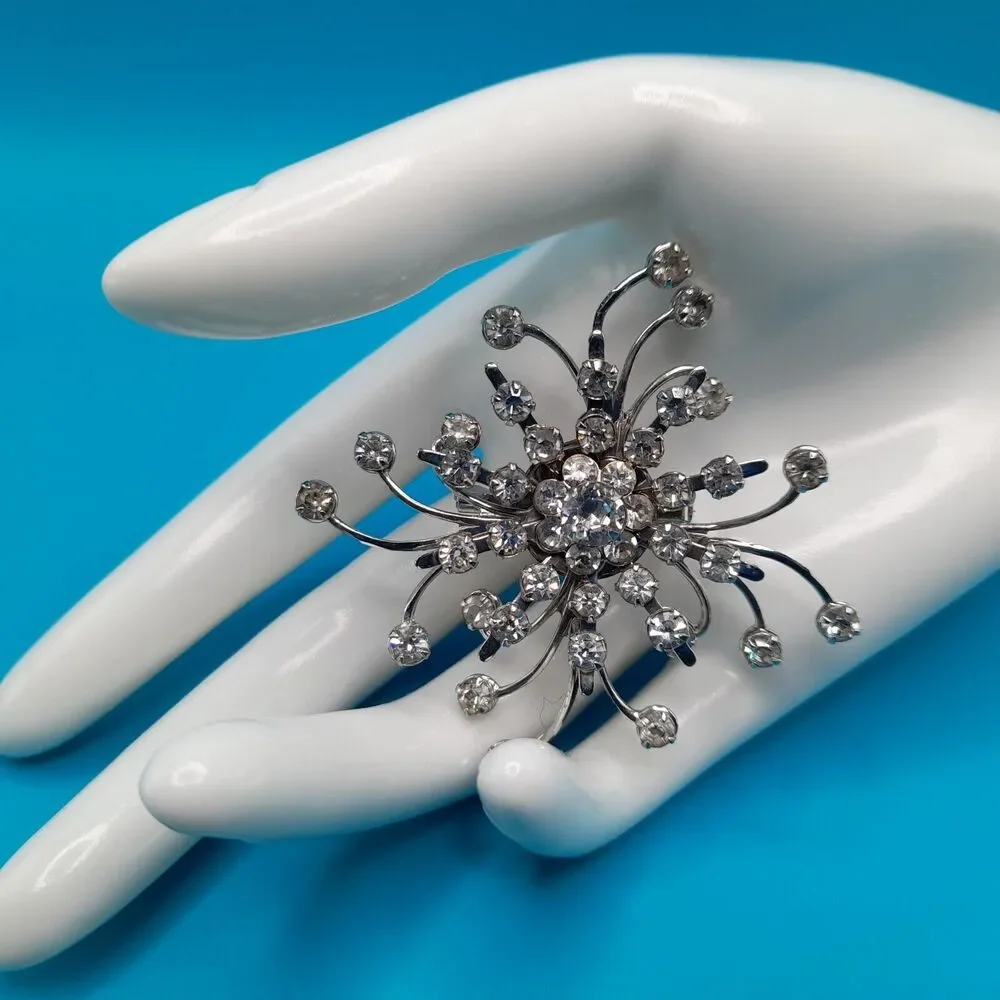 Vintage Rhinestone Starburst Brooch Silver Tone Bridal Pin 2.5”